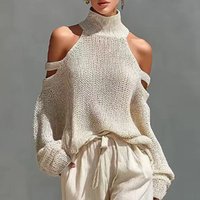 Women's 2 Piece Set Sexy Cold Shoulder Turtleneck Knit Sweater & Wide Leg Pants Suit 2026 Spring Summer Casual Loose Boho Outfit