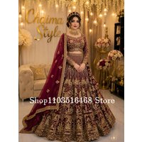 Gorgeous Burgundy Indian Sari Customized Traditional Pakistani Bridal Gown Ethnic Wedding Dress Evening Gown Formal Occasion2026