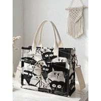 Black & White Cartoon Cats Print Corduroy Tote Bag Large Capacity Multi Pocket Cat Lover Commuter Shoulder Bag