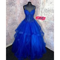 Royal Blue A Line Prom Dresses Lace Applique Tiered Ruffles Tulle Evening Dresses Floor Length Customized Special Occasion Gowns