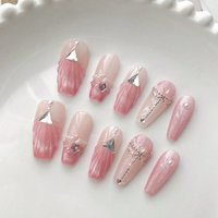 10pcs Medium Coffin Pink Ombre Hand-painted Shell Rhinestone Chain Daily Press On Nails, Gift For Women, Nail Art, Fake Nails