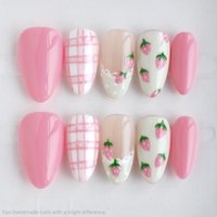 10PCS Handmade Press on Nails Sweet Pink Strawberry Plaid Almond False Nails Wearable Reusable Summer Fake Nail Tips