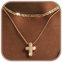 Bubble Cross Necklace for Women 14k Gold Plated Cross CZ Pendant Stackable Dainty Mariner Chain Necklace Set Simple Jewelry Gift