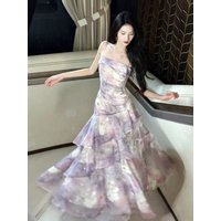 Romantic Purple Lace Trim Halter Dress Women's Spring Autumn Holiday Style High Waist A-Line Skirt Summer Dress