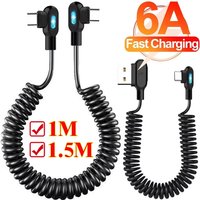 USB C To Type C 6A Quick Charging Data Cables Retractable Coiled 90 Degree Elbow Charger Cord for iphone Samsung Xiaomi Cable
