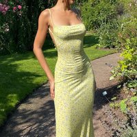 Women's Dress Spaghetti Strap Sleeveless Backless Slim Floral Printed Long Dresses Streetwear Casual Style Summer Beach Dress