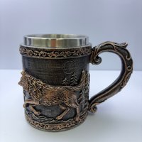 1 PC Viking Forest Running Wolf Beer Tankard, 450ml Detachable Stainless Steel Liner Antique Bronze Resin Stein