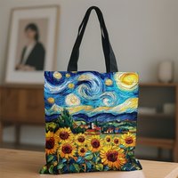 1pc Van Gogh Sunflowers & Starry Night Art Print Tote Bag Large Capacity Durable Polyester Reusable Grocery Shopping Bag