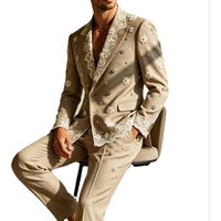Khaki White Men Suits Pants Set 2 Pcs Blazer+Trousers 3D Flower Cotton Wedding Tuxedos Jacket Formal Office Business Coat Outfit