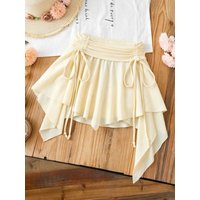 Women Beige Asymmetrical Hem Mini Skirt Casual High Waist Ruched Drawstring Flowy Skirt