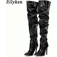 Eilyken-Cuissardes rouges pour femmes, cuissardes à talons hauts, cuir verni, solide, pointu, Parker, stiletto, fermeture à glissière latérale