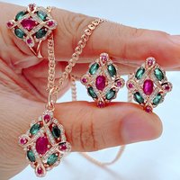 Kinel Hot 585 Rose Gold Color Ethnic Vintage Jewelry Sets for Women Green With Red Natural Zircon Accessories 3pcs Jewelry Sets