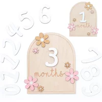 Monatliche Meilensteinkarten aus Holz für Neugeborene, Andenken, doppelseitig, Blumen, Zahlen, Monat, Mädchen, Jungen, Baby, Fotografie-Requisiten, Zu