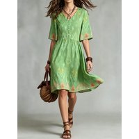 Boho Aztec Border Print V Neck Half Sleeve Empire Waist Casual Midi Dress For Women