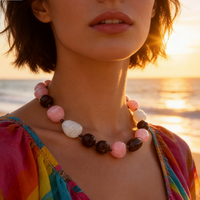 Chunky Pink White Brown Resin Chunky Geometric Bead Choker Necklaces for Women Boho Beach Vacation Statement Collar Jewelry Gift