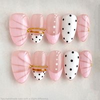10pcs Handmade Pink French Polka Dot Press On Nails Short Almond Sweet Cute Fake Nails Gold Bead Decor False Nails