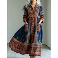 2026 Elegant Bohemian Ethnic Maxi Dress V Neck Button Loose Long Sleeve Geometric Print Daily Robe