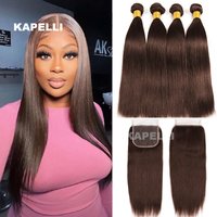 #4 Brown Bundles Human Hair Silk Straight Human Hair Bundles with Closure 4x4 Lace Clsoure Brazilian Transparent Hair Bundles image 4