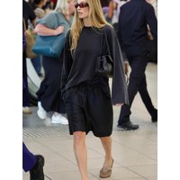 Summer All Black Loose Long Sleeve round Neck T-Shirt Elastic Waist Five-Quarter Pants Set Women's Fashion Casual Outfit