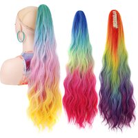 Jeedou Ponytail Long Wavy Hair Extension Rainbow Ombre Color Ponytails Claw Clip On Pony Tail Synthetic Hairpiece Cosplay Wigs