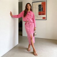 Denim Skirt Suit Women Jacket Sheath Skirts 2 Piece Sets Streetwear Coat Single Breasted Outfits Vintage Washed Spring Ensemble