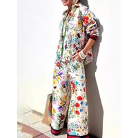 Fashionable Casual Printed Set Long Pants Shirt Women's Clothing Summer Season Long Sleeve Student School Uniform Work Outfit