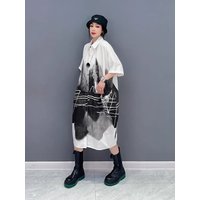 Loose Collar Dr irt Korean Brand Women's Summer Casual Midi-Length Printed ort Sve Button-Up Dr