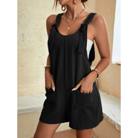 Women's Black Sleeveless Overall Shorts Tie Shoulder Pocket Detail Textured Fabric Casual Romper Spring Summer Short Overalls