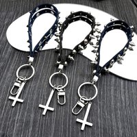 New Rivet Leather Rope Cross Keychain Goth Creative Punk Bag Hanging Rope Gift Trendy Charm Christianity Keyholder Jewelry