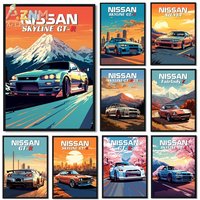AZNM Nissan Skyline GT-R Retro Wall Art Print, Single Unframed Canvas Poster, Featuring JDM Car with Mount Fuji Sunset Scenery f