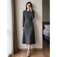 Elegant Vintage Mid-Length Dress Women's Fashionable Waist-Cinching Knee-Length Korean Style Long Sleeve round Neck Dress