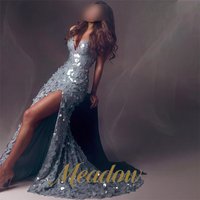 Meadow Dusty Slate Blue Prom Evening Dresses Round Sequins High Side Slit Gala Dresses Strapless Dresses For Prom Customizable