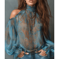 Boho Paisley Print Chiffon Top Women Sexy Off Shoulder Flared Sleeve Blouse Retro 70s Fairycore Shirts