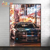 AZNM Nissan Skyline GT-R JDM Car Wall Art Print, Single Unframed Canvas Poster, Featuring Tokyo Street Night Scene with Toyo Tir