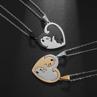 Gold and Silver Cat Pendant Necklaces - Stainless Steel 2 Pieces/Set Black and White, Round or Heart Shape Matching Necklaces