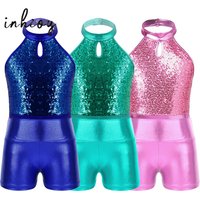 Sequin Sleeveless Ballet Dance Outfits Kids Girls Rhythmic Gymnastics Leotards Jumpsuit with Shorts Set Figure Skating Dancewear