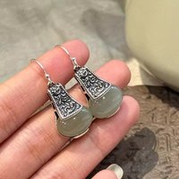 925 Silver Hotan Jade Earring for Women Grass Retro Texture Water Drop Trend Ethnic Jewelry Gift Dropshipping