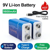 Rechargeable 9V Battery, 9800mAh Large Capacity 9 Volt Li-Ion Batteries Charge with Type-C Cable, for Smoke Detector,Fire Alarm