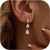 Dangle Drop Earrings for Women Wedding Bridal Rhinestone Long Cubic Zircon Chandelier Sparkly 14K Gold Plated Dainty Jewelry