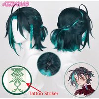 Xiao Cosplay Wig Game Impact Xiao 35cm Short Green Mixed Braid Wig Heat Resistant Synthetic Cosplay Anime Wigs + Wig Cap