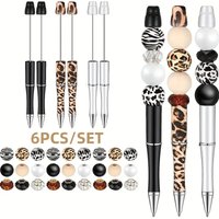 6pcs/set Leopard Wood Bead DIY Beading Pens, Zebra Cow Print Leopard DIY Round Pens, Writing Learning Office Gift Stationery