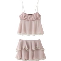 2026 Women's Dusty Pink 2 Piece Outfit Spaghetti Strap Ruffle Cami Top Layered Mini Skirt Set Casual Daily Beach Vacation Wear