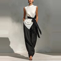 Elegant O-neck Sleeveless Top & Long Pants Suits Women Fashion Lace-Up Waist Solid 2Pc Outfits Sexy Irregular Loose Summer Sets