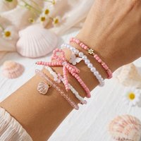 Boho Bow Flower Butterfly Chain Bracelets Set for Women Shell Imitation Pearl Layered Beads Elastic Bracelet Party Jewery Gift