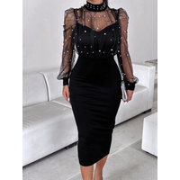 Summer Round Neck Transparent Long Sleeved Solid Color Sequin Dress Dating Versatile Fashionable Sexy Women's Dresses
