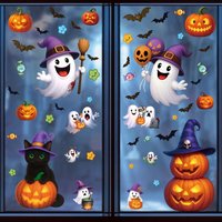 Halloween Pumpkin Window Stickers, Cartoon Candy Jack-o-lantern Static Cling, Black Cat Ghost Party Decoration for Glass Door