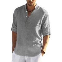 Chemise ample décontractée pour hommes, col montant, en pur coton, manches longues, couleur pure, grand vêtement pour hommes