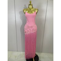 2026Elegant Pink Flower Tassel Sexy Strapless Bodycon Bandage Dress Women Evening Club Party Luxury Birthday Cocktail Prom Dress