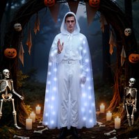 Halloween LED Cloak Unisex Black White Gothic Vampire Witch Cosplay Costume Cape Adults Purim Carnival Party Light Up Glow Cloak