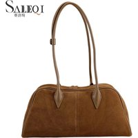 Genuine Grade Boston Underarm Female Big Bag Women's Fashion Bowling Suede Frosted Cow Leather Shoulder Bag Long-Handle Handbag